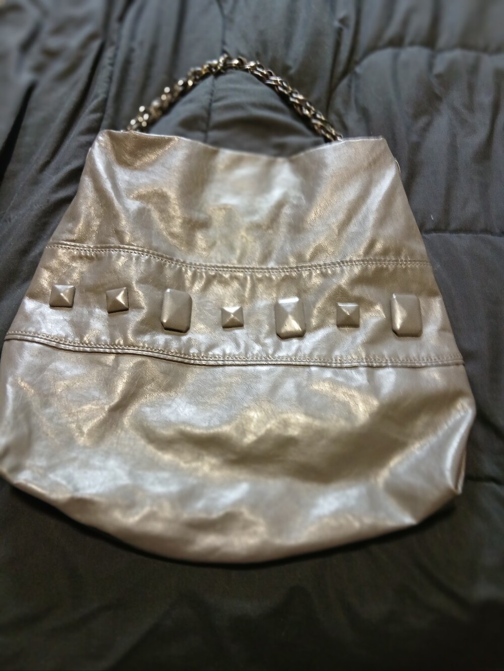 Metallic Silver Studded Chain-Handle Women’s Hobo Bag